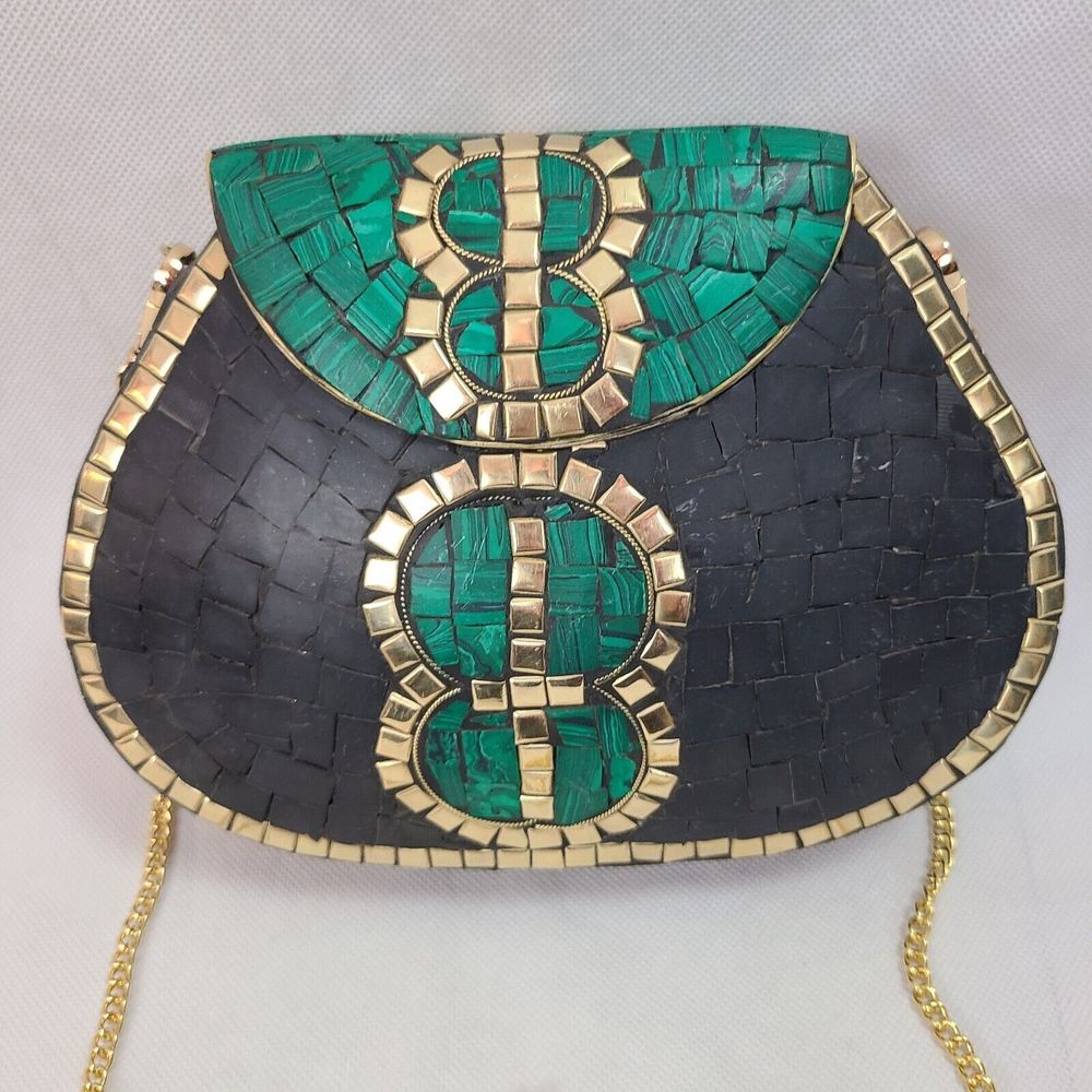 RAMLA Porte-Moi Handmade Mosaic Art Work Green Black Gold Crossbody Bag--$145